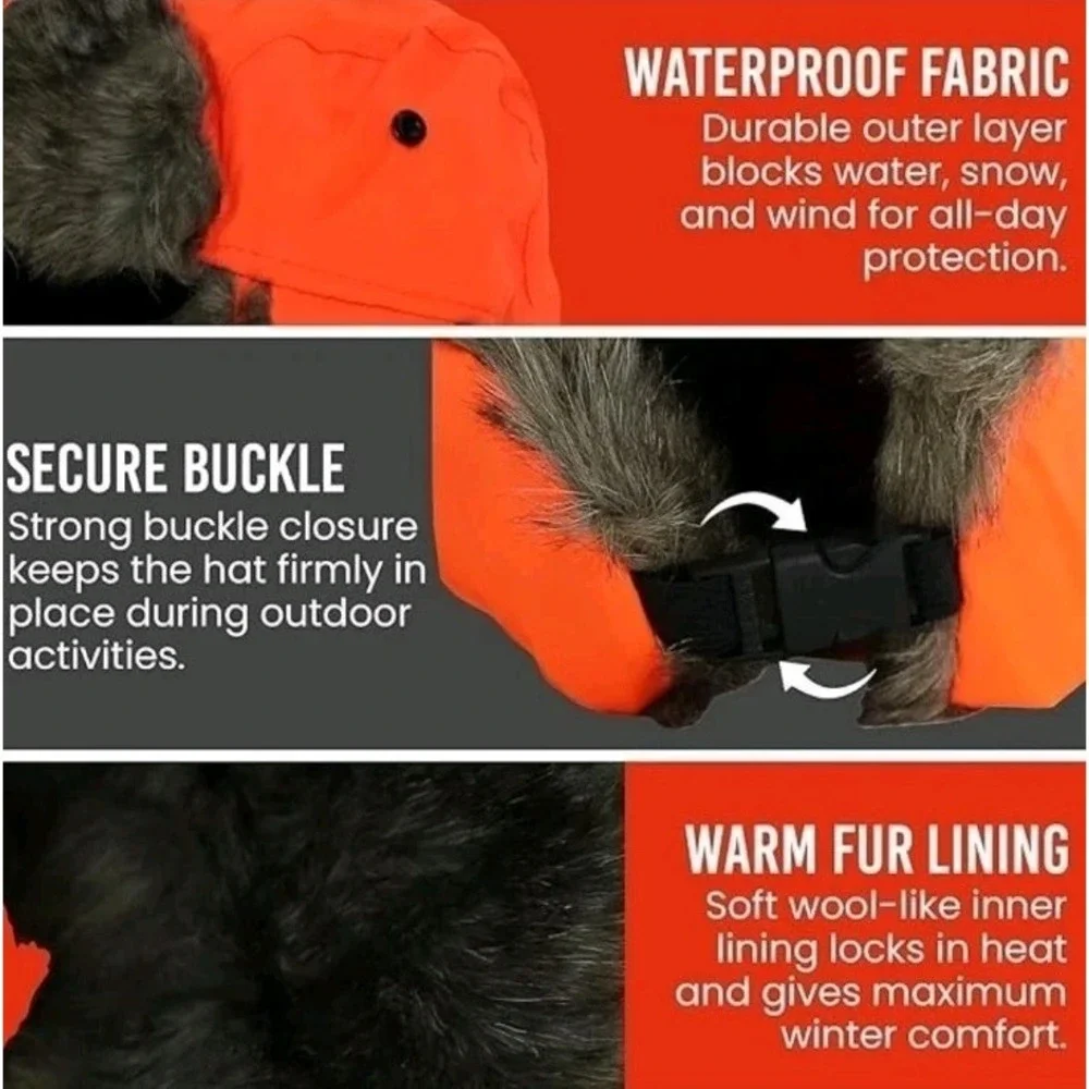 Blaze Orange Trapper Hat Faux Fur Lined Winter Hunting Aviator Cap Waterproof